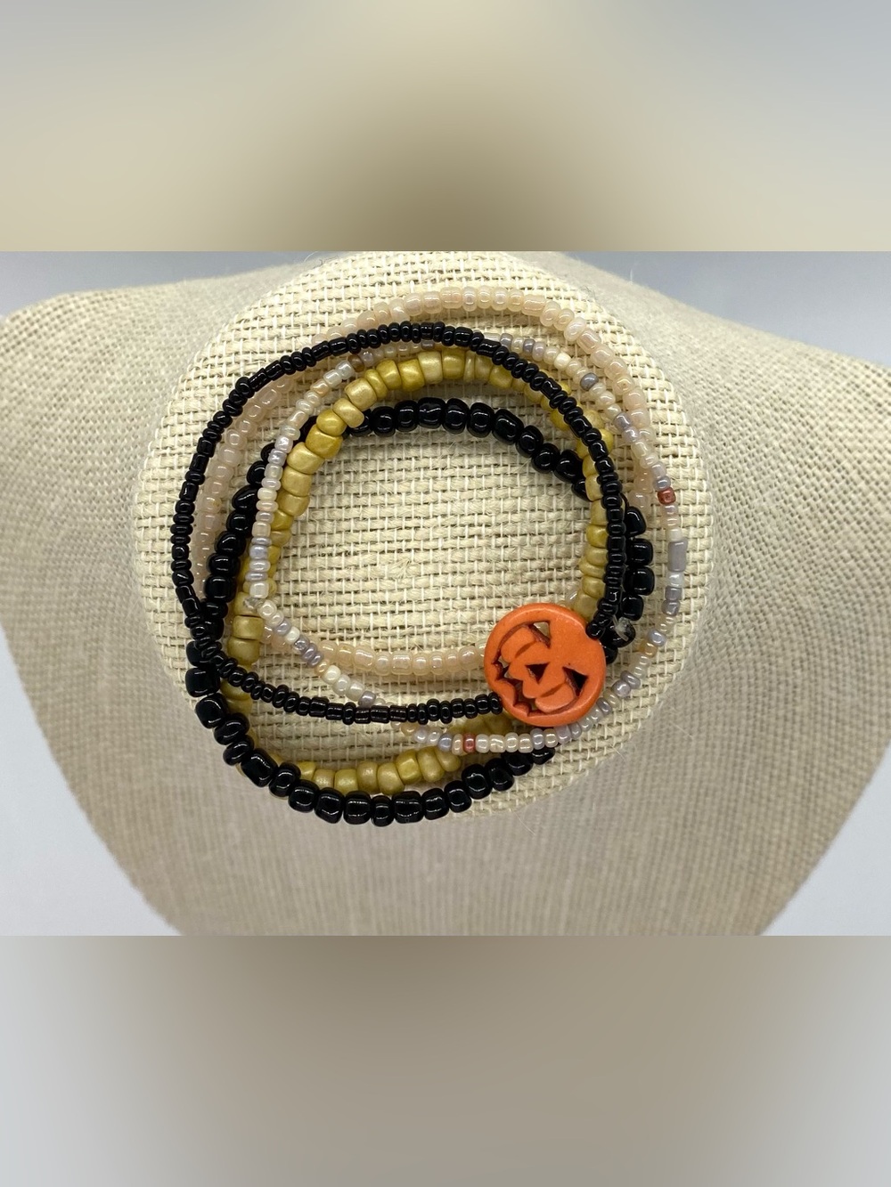 Tan Black Beaded Bracelets Pumpkin Charm Boho Fall Festival Witchy Whimsigoth